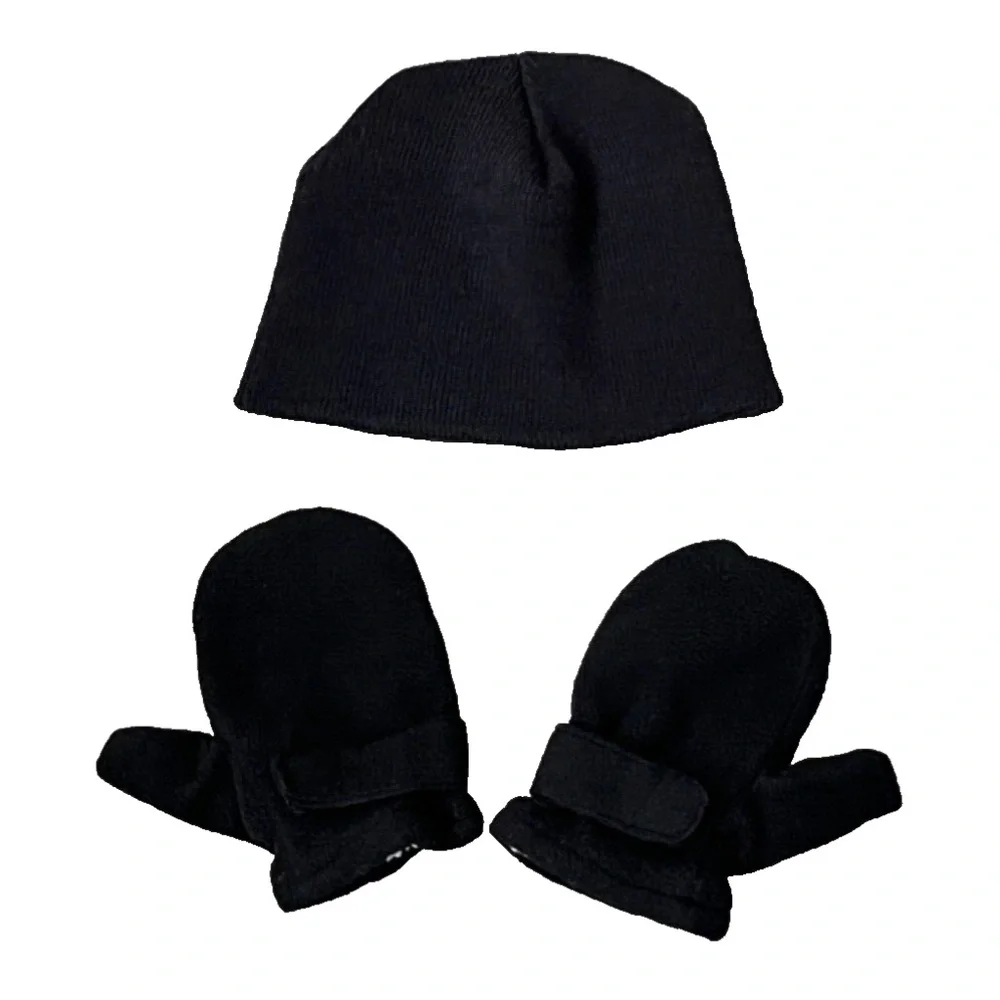 Toddler Kids Black Knit Beanie Hat & Mittens Set One Size